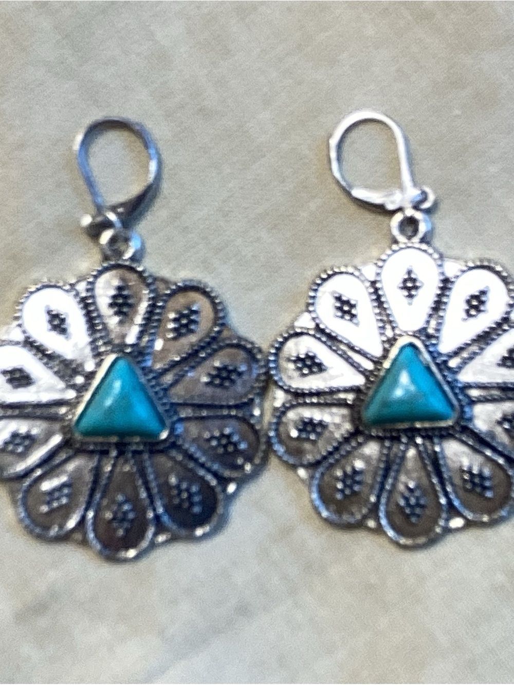 NWT. Silver-Tone Floral Drop Earrings with FauxTurquoise Accents
